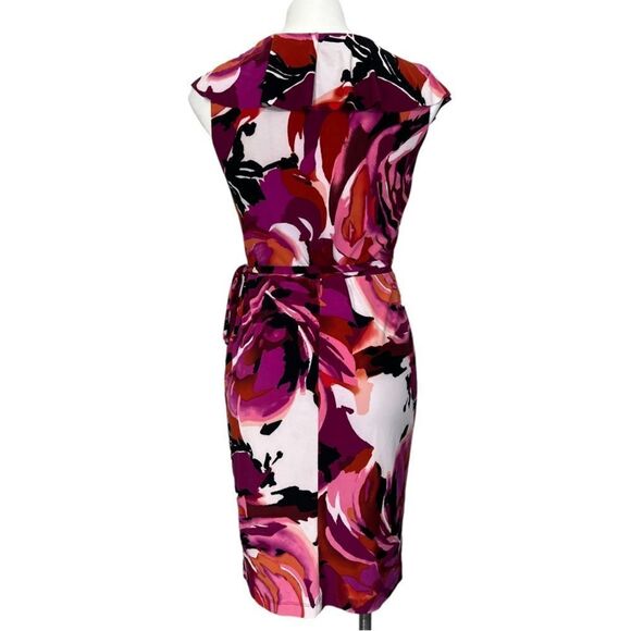 Kasper dress size 4 floral multicolor‎ tie-waist sheath office ruffle career -13 - Picture 4 of 5